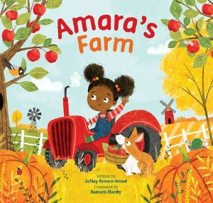 a young girl with brown skin and black curly hair is sitting on a tractor among some giant pumpkins and apple trees.