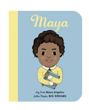 a young Maya Angelou wearing a yellow top holding a blue book