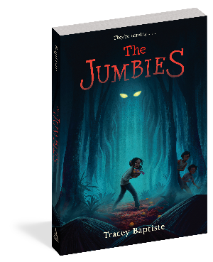 A young girl and her two companions in a dark forest where eyes are shining from a tree