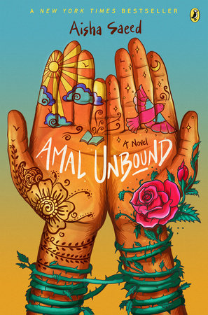 Two hands palm forward with henna designs and a rose briar wrapped around the writs