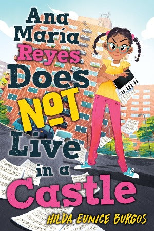 a young girl with brown hair in bunches, and wearing glasses holding a music notebook is standing in front of an apartment building