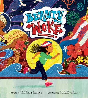 a young girl wearing jeans , a green t-shirt and red sneakers is running past a brightly painted mural