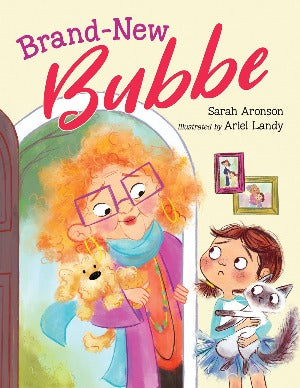 an older lady with curly orange hair and square purple glasses is standing at an open door holding a puppy. A young girl with brown hair is holding a cat and they are both looking up towards the woman.