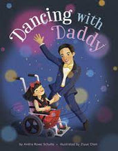 a girl with dark hair and a red bow, is sitting in her wheelchair as she spins around in a dance with her daddy