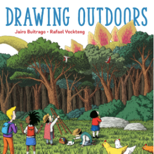 A diverse group of children outside in a clearing near a forest, setting up their art supplies including an easel