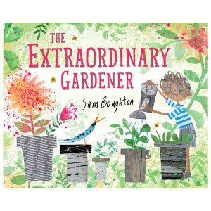a boy with brown skin and curly hair wearing blue glasses is watering his plants in pots surrounded by flowers