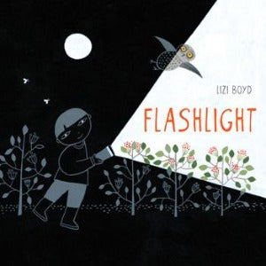 A black night scene of a boy holding a flashlight. The only light seen is the moon and where his flashlight catches the nature around him