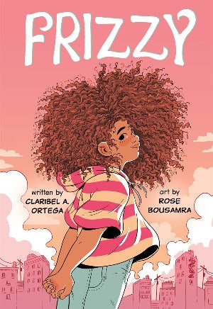 a young girl with a beautiful big head of curly hair wearing a pink striped top and jeans
