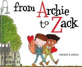 Two boys, one white and one Black, walk side by side while wearing backpacks. One has a heart in his backpack, while the other has a heart in his pocket.