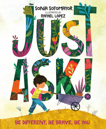 Book Cover: Small child with wheelbarrow against book title made out of flowers
