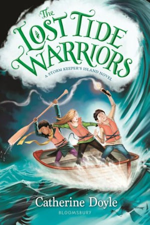 Three middle grade kids wearing lifejackets are holding up an oar against a huge wave