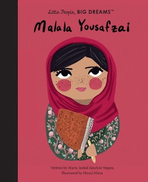 a young malala in a pink headscarf with note book and pen