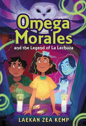a young girl with brown skin and long wavy brown hair is surrounded on either side by candles glowing. In the background there is a young boy with dark hair and a girl with blue skin and a cat that is blue also. Above them the a white owl flies