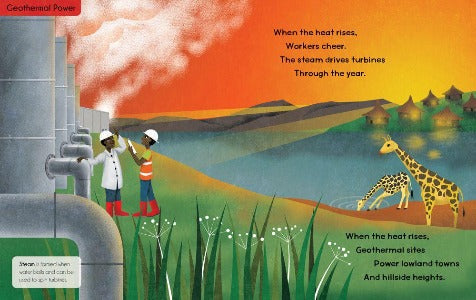 Geothermal plant with two engineers and two giraffes