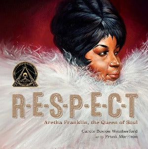 a portrait of Aretha Franklin wearing a white feathered gown