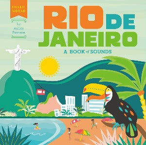 a landscape with the statue with the arms outstretched of Rio, near a beah with a toucan and someone swimming in the oean