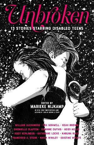 Two young people are holding each other in an embrace. We can see one uses a walking stick. There are stars in the background
