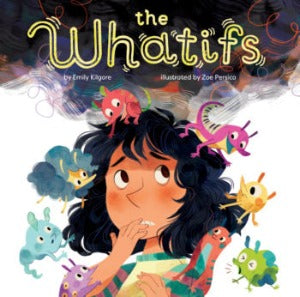 a young girl with black wavy hair is looking up and left and touching her lip. there are monsters in different colors all around her head