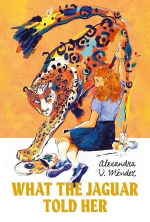 a jaguar that is part painting and part three dimensional is stepping out into reality next to a young 8th grade girl who is holding a paintbrush.