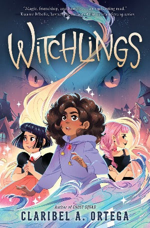 a trio of friends, one with brown hair and brown eyes in the center, one with black hair and dark eyes and one with pink hair are in the middle of a swirling sea with a magical creatures eyes looking at them