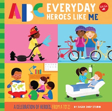 brightly colored images showing a firefighter, two friends and their bicycles, a teacher showing a book to a class and a nurse and patient.