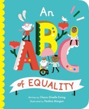 Brightly colored Capital A,B and C letters with a diverse group of people surrounding them