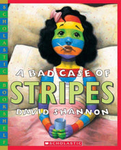 Book Cover with dark haired girl with brightly colored stripes on her skin, lying in bed