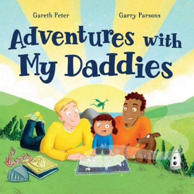 A white man and a man with darker skin and little girl on a hilltop reading a book