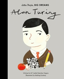 a picture of a portrait of Alan Turing as a young man with a pencil, and an apple.