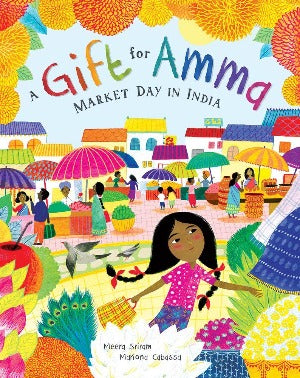 a young Indian girl with braids, visiting a brightly colored market