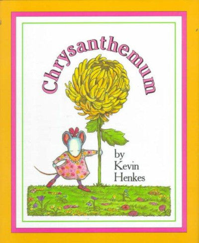 Book cover with mouse in pink dress holding a yellow chrysanthemum flower