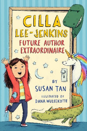 A young girl with her hands up in front of a door where there is a dragon, a unicorn and a dinosaur peeking out