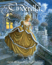 Book cover with Cinderella in yellow gown on palace stairs