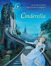 Book cover Cinderella in blue dress running down the steps away from a castle