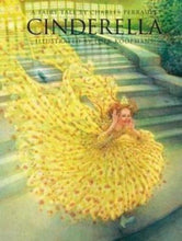 Book cover, Cinderella with red hair and large yellow gown running down steps