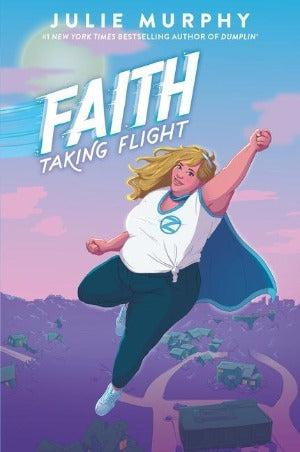 a girl flying above her town wearing a cape