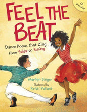 Book cover : A boy in white pants and green shirt and African American girl in red dress dancing 