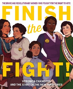 Drawings of a diverse group of women with the banners for Votes