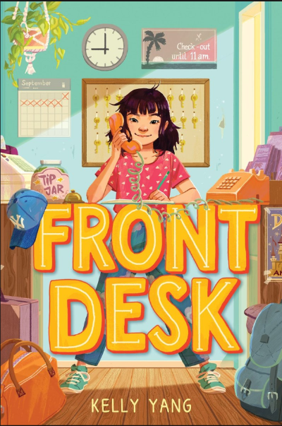 Young girl standing at a reception desk of a motel