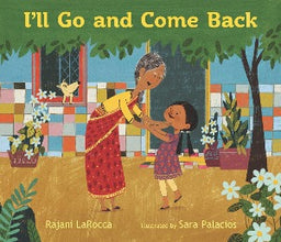 a young girl and her grandmother who is wearing a sari, are greeting each other in front of a home with brightly colored tiles.