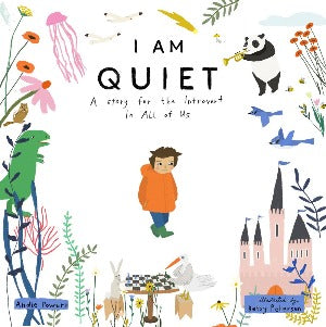 a young boy in an orange coat is standing in the middle of a white page. Surrounding him are various images including a panda playing the trumpet, a jellyfish, a t-Rex and a chess board.