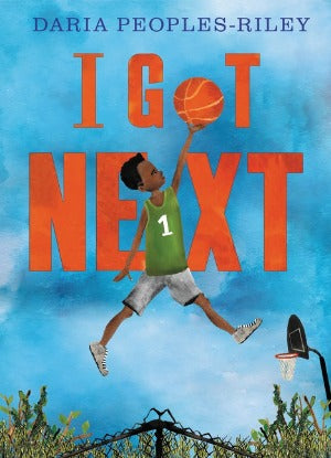 a young boy with brown skin and black hair, wearing a green sleeveless shirt with the number 1 on is it leaping for a basked ball