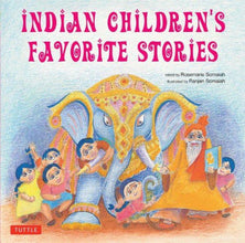 Book cover with Indian Elephant in jeweled head covering and small children and storyteller
