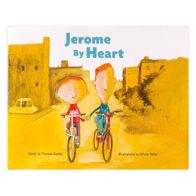 Two young boys riding a bicycle through a village, holding hands.