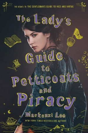 A young woman dressed in a navy blue lace gown looks over her shoulder at the audience. The cover has small illustrations throughout, of ships, needle and thread, an open book, and more.
