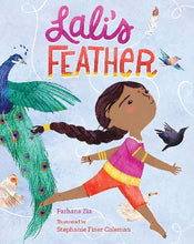 a young girl with a pink top and orange short pants is leaping across the page . On the page is a peacock, a hen and other birds