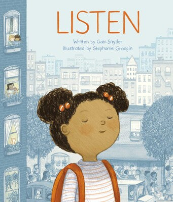 A young girl with eyes closed listening to the sounds of the city