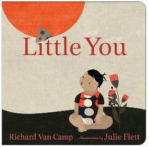 a young child is looking up at a butterfly which is shown against a bright orange sun.