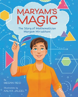 a woman wearing an orange shirt drawing math symbols and imagining new ideas