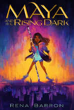 a young  black girl with a brightly lit staff against a background of orange and purple 